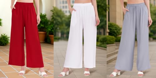 Image of Buy That Trendz Palazzo Pants for Women Rayon Elasticated Regular Fit Flared Wide Leg M to 6XL Pack of 3