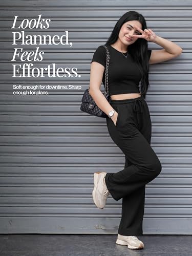 Image of Fflirtygo Women's Wide Leg Pants with Pockets | Premium Cotton Lounge Wear | High Waisted Drawstring | Casual Comfortable Pajama Bottoms with Pocket