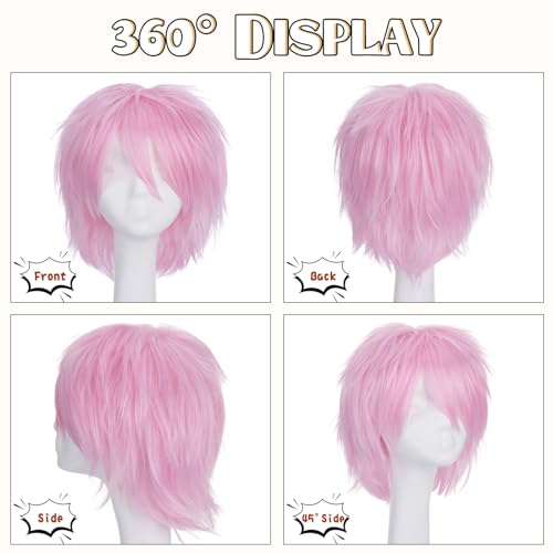 Image of S-noilite Unisex Short Pink Anime Cosplay Wig Women Men's Short Fluffy Layered Pixie Wigs Straight Heat Resistant Synthetic Full Wigs for Halloween Anime Comic-con Costume Party Dress Pink