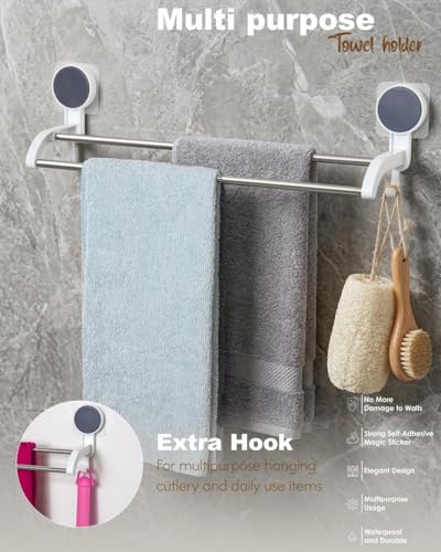 Image of Wall Mounted Adhesive Multi Bar Towel Holder Rack with Rotating Stainless Steel Rods and Side Hook for Bathroom Kitchen Use on Smooth Flat Surfaces (Towel Rack 002)