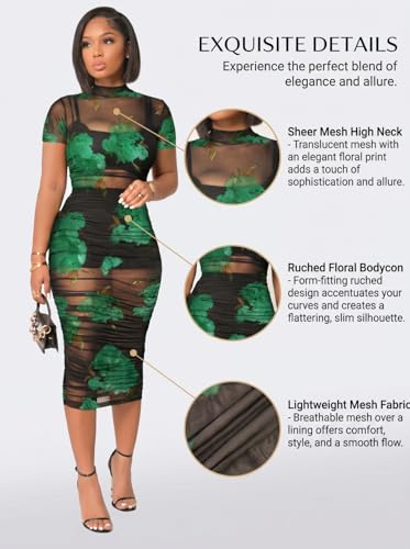 Image of Mojessy Sheer Dress for Women Sexy Short Sleeve Ruched Mesh Bodycon Dress Adjustable Strap Top Mini Skirt 3 Piece Outfits Set