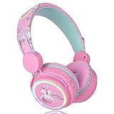 FLOKYU Kids Headphones Unicorn, Color Changing LED Light Wireless Bluetooth Headphones for Kids Girls Boys School, Anime Over-Ear Bluetooth Headphones with Microphone for Tablet/ipad/Travel (Pink)