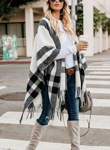 Image of Bestshe Women's Boho Open Front Poncho Plaid Shawl Wrap Cape | Tassel Cardigan Sweater, Cozy Layering, Fall Winter Clothes for Women