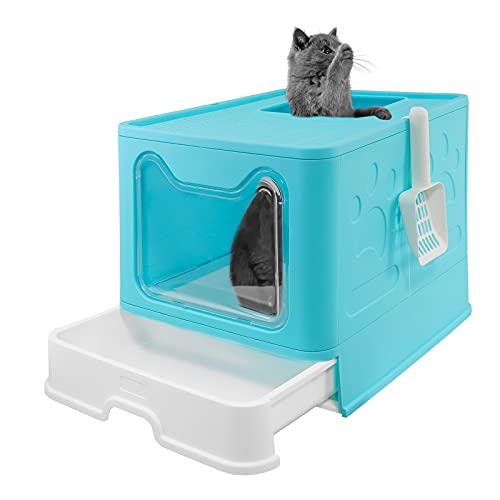 Bolux Foldable Cat Litter Box with Lid, Extra Large Litter Box with Cat Litter Scoop, Drawer Type Cat Litter Pan Easy to Scoop & Low Tracking ( Teal Blue, 20