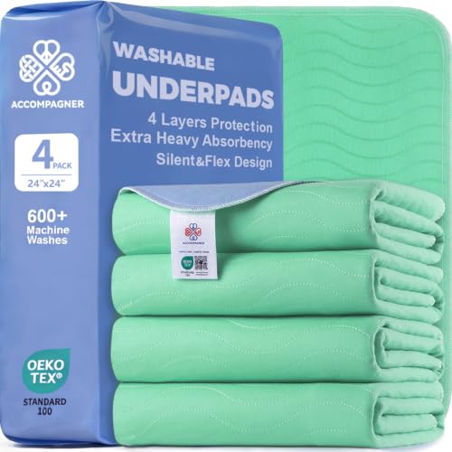 Image of Accompagner Incontinence Bed Pads Washable Waterproof, Ultra-Absorbent Reusable Underpads for Diaper Changing, Nursing, Bedridden, Adults, Seniors, Kids and Dogs (Green, 24 inchx24 inch(Pack of 4))