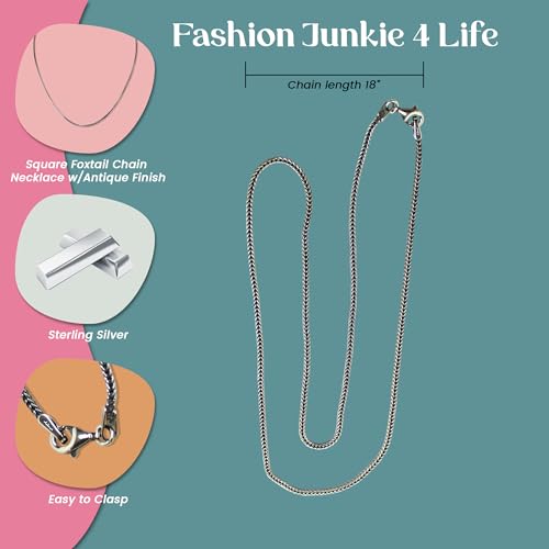 FashionJunkie4Life Sterling Silver 1.5mm Square Foxtail Chain Necklace w/Antique Finish - 16, 18, 20, 24, 30"2