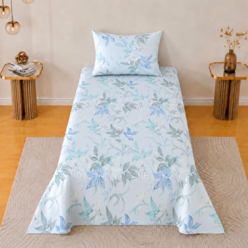 Image of Jaipur Weaves Single Bed Cotton Bedsheet with 1 Pillow Cover, 100% Pure Cotton Single Bedsheet 60x90 Inches, 240 TC Soft Breathable Floral Bed Sheet (Aqua Floral, Single)