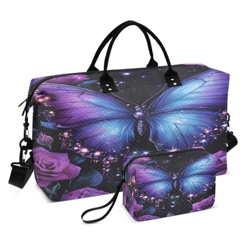 Butterfly Rose Flower Floral Travel Duffle Bag Gym Bag Weekender Bags with Toiletry Bag Travel Trip Tote Bag