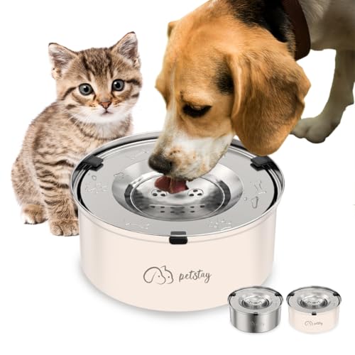 petstay 犬用水飲み器 こぼれない 顔濡れない 大容量1L/3L ステンレス製 早飲み防止 錆びない 割れない ペット給水器 猫給水器 犬給水器 犬水入れ 滑り止め お手入れ簡単 ウォーターボウル 猫犬両用 (ベージュ, 1L(小型犬・中型犬などに対応))