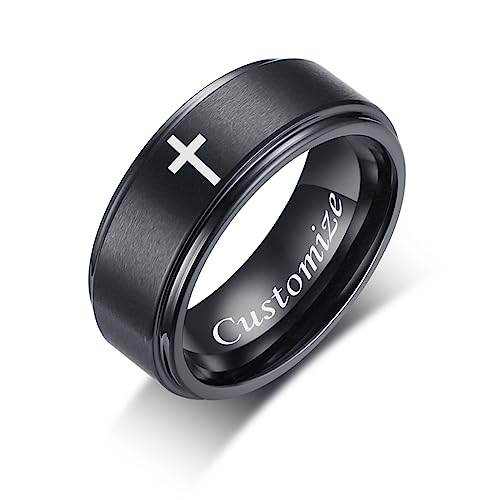 LCWQ Step Edge Design Frosted Religious Cross Tungsten Ring Wedding Band Personalized Engraved Inspirational 8mm Cross Jewelry for Men & Women Easter Gift, Size 7-12