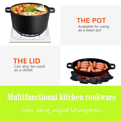 Dutch Oven Pot with Lid, Cast Iron Skillets, 2 in 1 Dutch Oven for Bread Baking, 5 Quart Double Dutch Oven, Grill, Stovetop, BBQ, Camping