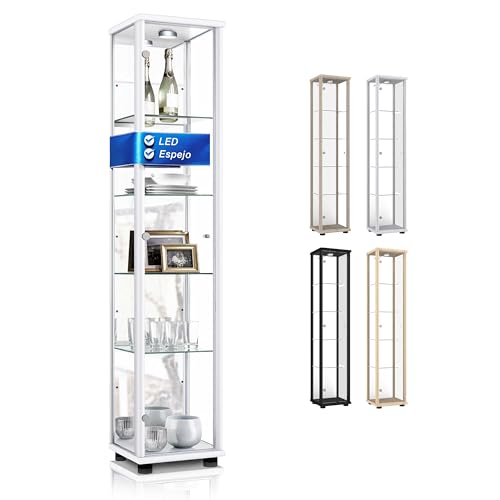K-Möbel Vitrina Cristal expositora (176x37x33cm) - Fabricado en Alemania - Vitrina Salon Blanco con 4 estantes de Vidrio Ajustables, Espejo y LED - Vitrina para Colecciones - vitrinas coleccionistas