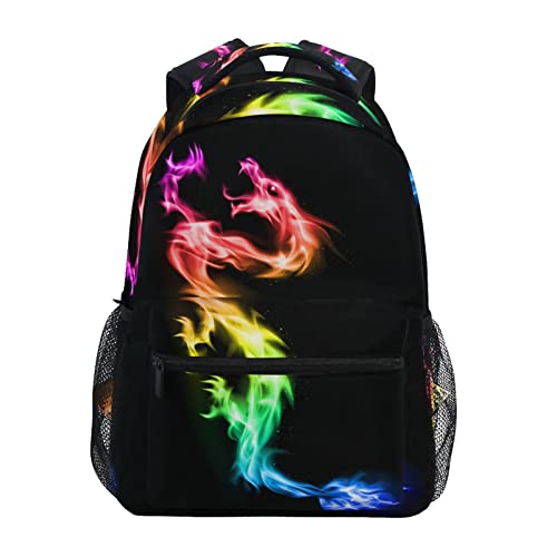 Fire Rainbow Dragon School Backpack Black Bookbag for Boys Girls Elementary School Casual Travel Bag Computer Laptop Daypack