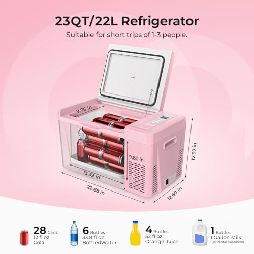 BougeRV Pink 23Quart Portable Refrigerator, 12 Volt Fridge 22L, Portable Freezer Compressor Cooler 12/24V DC 110~240 Vol - Additional View