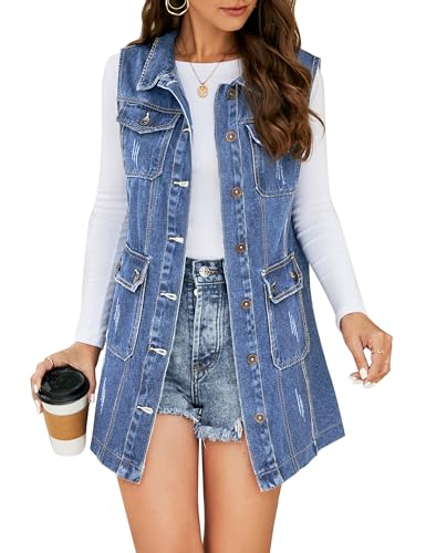 Flygo Womens Casual Button Up Sleeveless Denim Jean Mid Long Vest Gilet Jacket(01 Midblue-M)