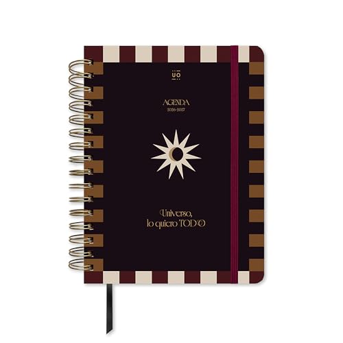 UO Agenda Escolar Universo Día Página: Empieza en septiembre de 2026 y Acaba en Agosto de 2027, Tapa Dura, con 134 Stickers, Goma elástica, Marcador de Regla y Cinta de Registro, Negra