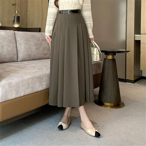 Women's Vintage Solid Color Pleated Skirts High Waist Casual Mid Length Women A-Line Skirts4