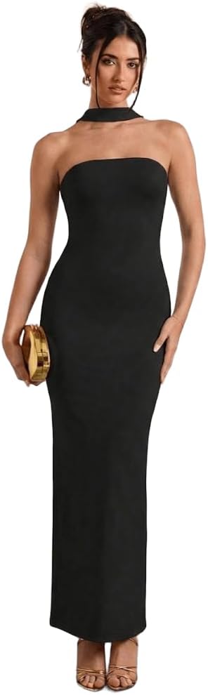 SKAYS Women's Tube Halter Maxi Dress Long Bodycon Elegant Classy Sleeveless Cocktail Formal Summer Wedding Guest Dress