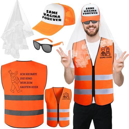DONCOO Jga Männer Weste Junggesellenabschied Männer Kostüm,Junggesellenabschied Hut und Schleier,Dekoration Warnweste,Kreative Geschenke für Herren JGA Party Zubehör,Hochzeit Deko