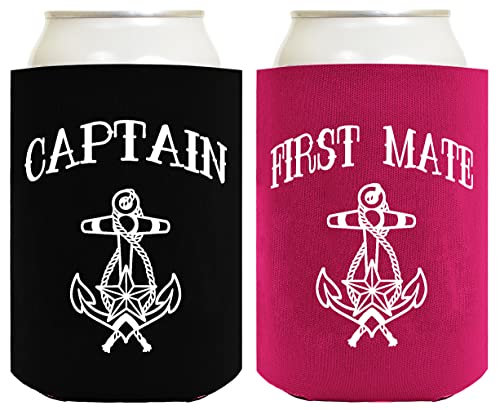 Captain First Mate Gifts For Couples Captain And First Mate Nautical Sailing 2 Pack Standard Size Can Coolers Black Magenta