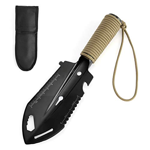 Camping Trowel, Lightweight Backpacking Shovel with Trowel Ruler Flat Screwdriver Hexagon Wrench for Camping Fishing Gardening Black(Hollow Handle, Can be Extended)