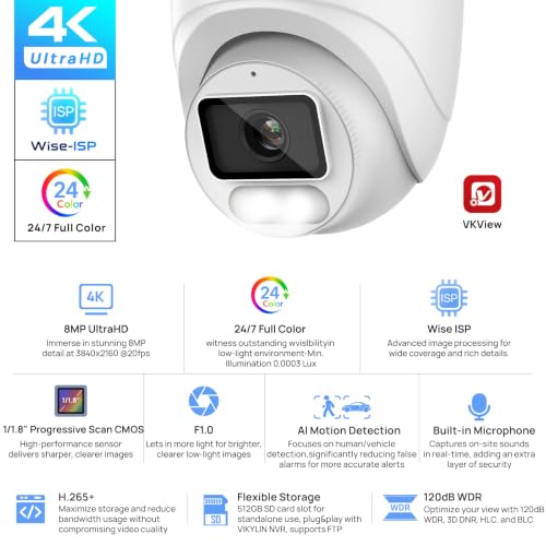 Image of VIKYLIN 8MP 4K Full Color Turret PoE IP Camera with Wise ISP, 24 /7 Color Night Vision, Human & Vehicle Detection,1 /1.8 inch CMOS F1.0 Large Aperture,Built-in Mic,512GB SD Slot,IP67 Outdoor Security Camera