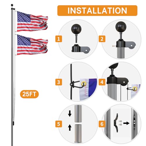 Image of NELXINJO Heavy Duty 25FT Flag Pole -12 Gauge Extra Thick Aluminum Flagpole kit for Outside House,Grey