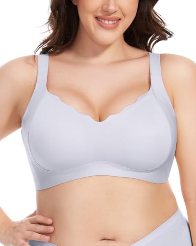 Quttlzze Scalloped Lift Bras for Women No Underwire Buttery Soft Push Up Wireless Bras V Neck Seamless Bralettes B-Grey,M