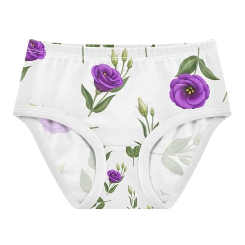 Toddler Briefs, Purple Flowers Green Leaves White Cotton Underwear Girls, 2T–8 Years