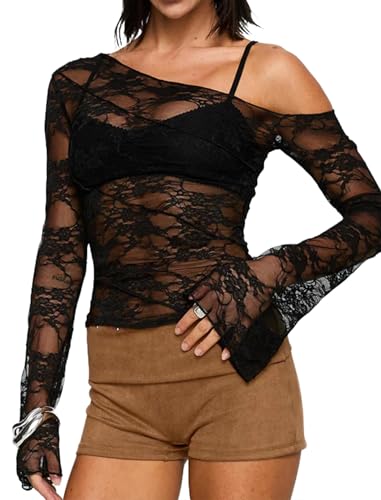 Matunana Womens Off The Shoulder Tops Lace Mesh Long Sleeve Going Out Shirts Crop Cute Y2K Fall Trendy 2025 Black