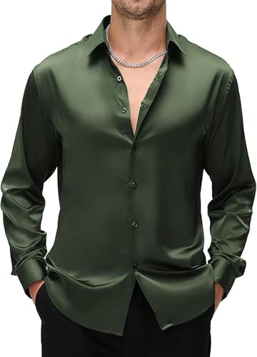 Image of CB-COLEBROOK Mens Stylish Solid Silk Satin Casual Dress Shirts for Men Shiny Long Sleeve Button Down Shirt Party Prom Wedding Shirt for Mens