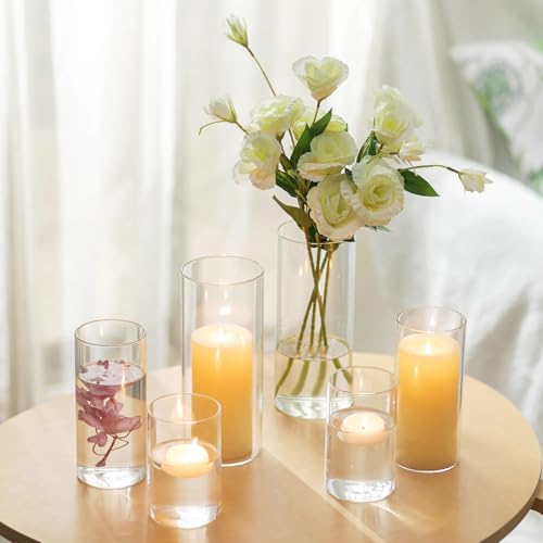 Hewory Photophore en verre pour décoration de table : lot de 6 vases en verre cylindriques grands bougeoirs pour décoration de mariage, bougeoirs en verre de...
