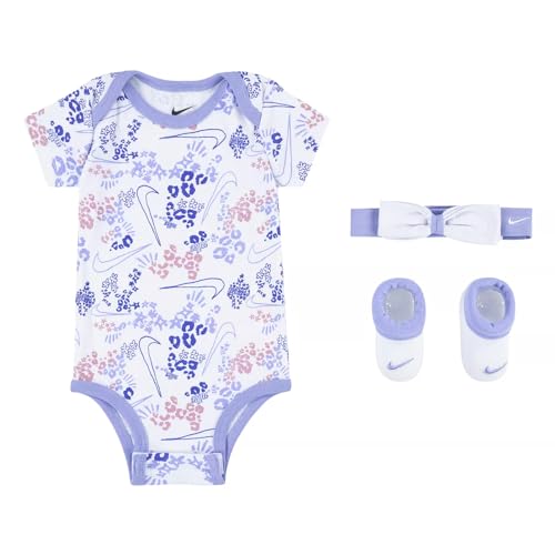 Image of Nike Baby Girls Bodysuit, Headband and Booties 3 Piece Set (W(NN0840-P3F)/P, 0-6 Months)