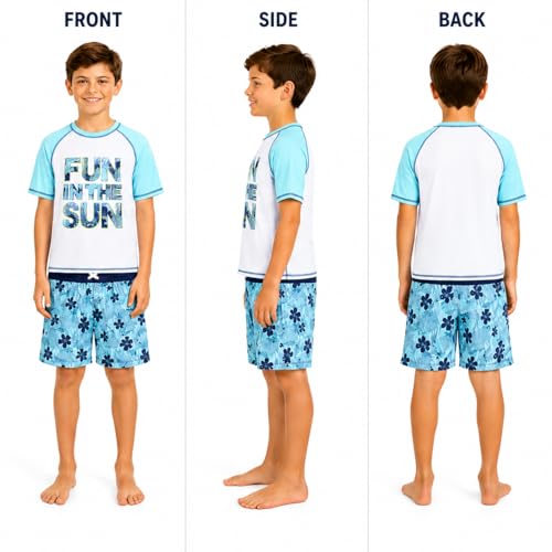 Image of Quad Seven Boys 2-Piece Rash Guard Swimsuit Set Short-Sleeve (Sizes 5-12) | Lightweight Quick-Dry Fabric with Sun Protection, Matching Top & Trunks, Adjustable Drawstring Waist for Pool or Beach Days