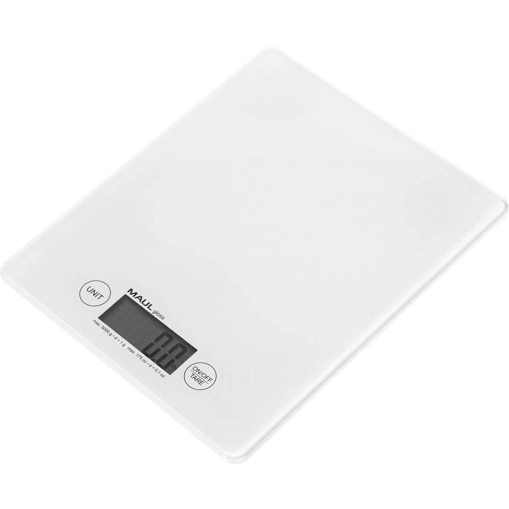 MAUL Digitale Briefwaage weiß MAULgloss 5 kg präzise ultraflach kabellos | edle Sicherheitsglasfläche, platzsparend flaches Design, Ein-Tasten-Bedienung, Tare für bequemes Zuwiegen, Batterie dabei