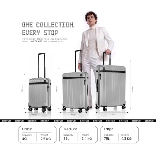 Image of SNITCH VITTO Medium Size Light Grey Polycarbonate Hard Travel Suitcase - Medium Size Trolley Bags for Luggage & Luggage with 8 Wheels, Premium Lock, Wet Pouch & Free Shoe Bag
