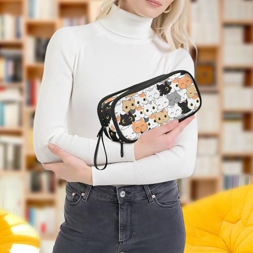Image of Cat Cartoon Pencil Case Big Capacity Handheld 3 Compartments Pencil Pouch Portable Large Storage Canvas Pencil Bag for Boys Girls Adults Students