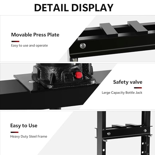 Image of 20 T Hydraulic Shop Press, h-Frame, 7-Hold Adjustable Height, with Movable Plates for Garage or Professional Users, Black
