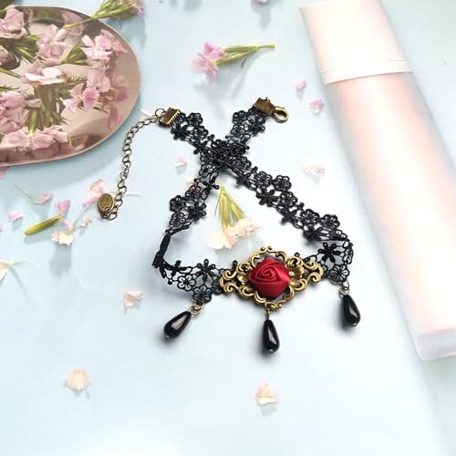 Dishowme Perle Rose Blume Choker Halskette Gotische Samt Spitze Kragen Halskette Vintage Faux Perle Royal Schmuck für Damen Frauen (Schwarz B)
