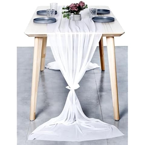 MDS 1 Pack 10ft Chiffon Table Runner 29 x120 Inches Sheer Romantic Rustic Table Runner for Merry Christmas Xmas New Year Party Home Decorations Wedding Arch Decor - White Cover