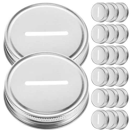 DOITOOL 20Pcs Coin Slot Lids for Regular Mouth Jar, Canning Lids Mouth, Money Saving Jars Silver Slotted Lids, Metal Coin Slot Lid for Regular Mouth, Use for 2.75 Inch