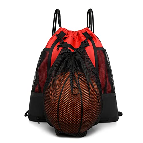 STAY GENT Drawstring Mochila Baloncesto Mochila Futbol para Jóvenes, Rojo Deportiva Mochila Balon Fútbol Voleibol Bolsa para Deporte con Detachable Ball Mesh Bag para Gimnasio Escolar Senderismo