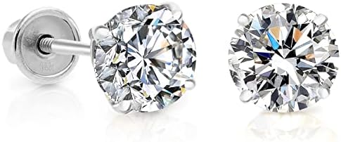 14k White Gold Solitaire Cubic Zirconia Stud Earrings with Secure Screw-backs (4mm)