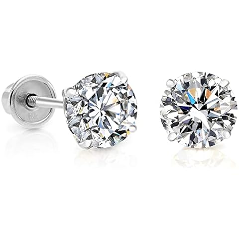 14k White Gold Solitaire Cubic Zirconia Stud Earrings with Secure Screw-backs (4mm) Cover
