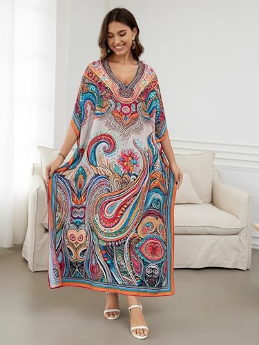 Image of IMAGEKOPE Women's Plus Size Loose Fit Moroccan Print V-Neck Batwing Kaftan Beach Dress Bathing Suit Cover Up