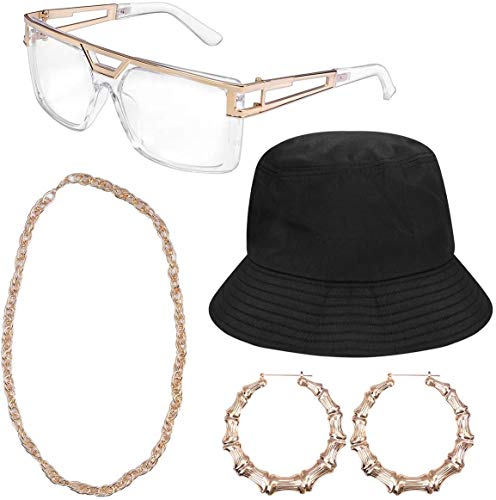 Lohoee Hip Hop Costume Kit Old School Rapper Bucket Hat Sunglasses Faux Gold Chain Earrings 80s/ 90s Rapper Accessories Party Supplies Decorations Cosplay Props