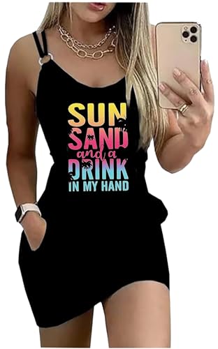 Image of Women's Live Simple Coconut Tree Color Block Mini Dress Spaghetti Strap Halter Strap Sleeveless Mini Dress with Pockets