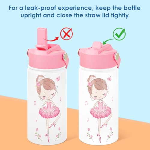 Image of SANDJEST Kid Water Bottle 12oz with Straw Lid - 2-Pack Insulated Stainless Steel Water Bottles for Kids Girls - Travel Cup for Back to School Sports Christmas Birthday (Ballerina & Heart)