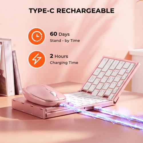 Image of MEETION Foldable Bluetooth Keyboard and Mouse, Portable Combo Pink | Slim foldable keyboard and mouse set with a soft travel pouch, rechargeable and multi-device connection for work on the go
