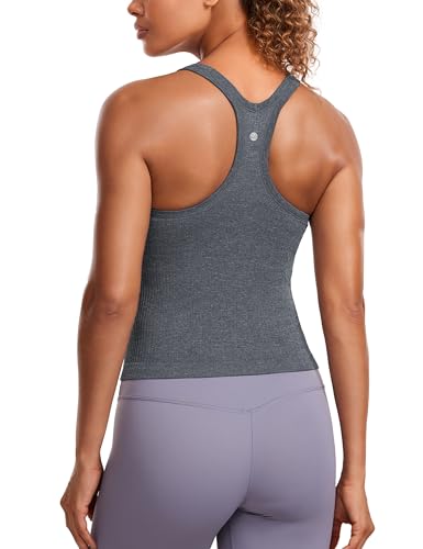 Image of CRZ YOGA Seamless Rib Racerback Tank Tops | Light Support, Built in Bra, Removable Pads, Yoga, Ribbed, High Neck, for Women